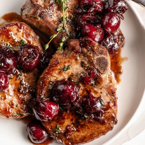 Tender pork chops finished with sweet cherry balsamic glaze, ideal for dinner.  