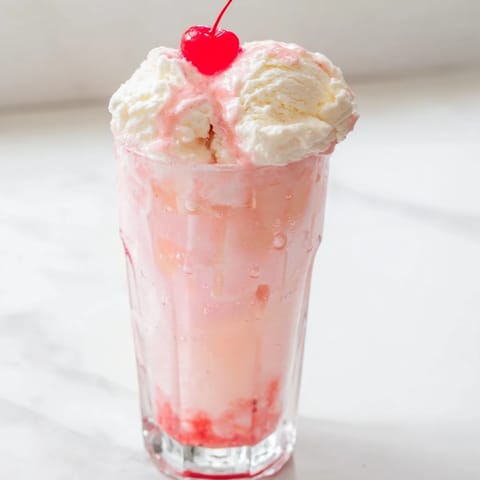 A tall glass of bubbly homemade cream soda float, topped with whipped cream and a cherry.