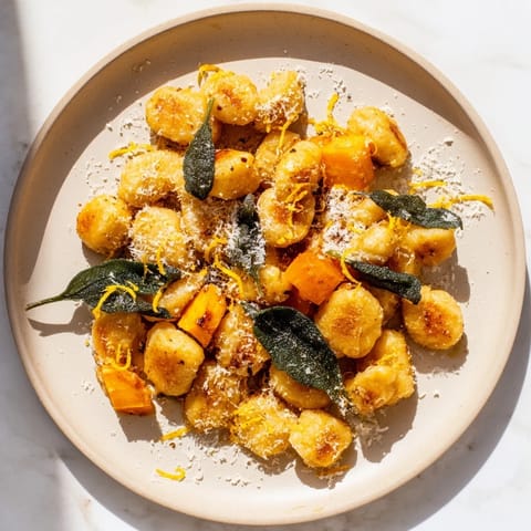 A close-up of a creamy plate of Rustic Butternut Squash & Sage Brown Butter Gnocchi sprinkled with Parmesan cheese.