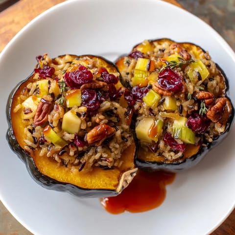 Golden roasted Stuffed Acorn Squash, drizzled generously with spicy maple sriracha sauce.