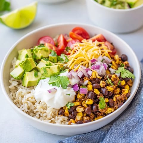 A close-up of vibrant Rice, Bean, and Corn Burrito Bowls piled high with fresh, colorful Tex-Mex ingredients.