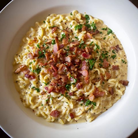 This Carbonara Ramen Fusion showcases noodles coated in rich egg and cheese sauce, a quick dinner.