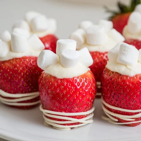 Close-up of freshly made Air Fryer Santa Hat Strawberries, perfect for a festive holiday dessert table.