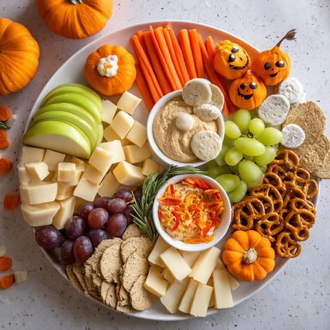 Beautifully arranged Pumpkin Patch snack board overflowing with colorful snacks and dips for sharing.
