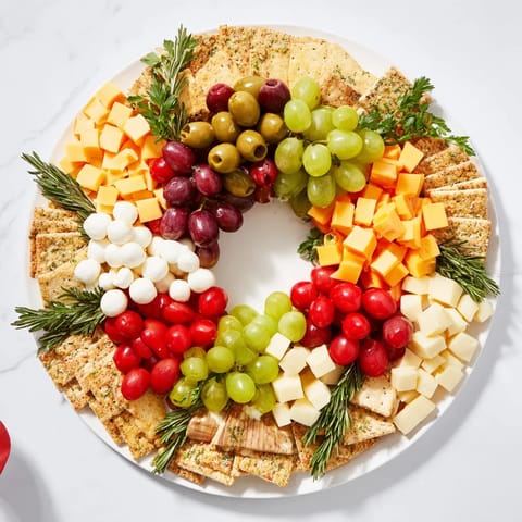 Fresh mozzarella and cheddar cubes mingle in this holiday Jingle Bell Cheese & Cracker Wreath, ready to serve!