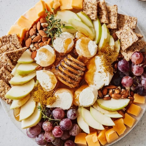A visually stunning Busy Bee Honeycomb Snack Plate overflowing with sweet honey, cheeses, and delicious bites.