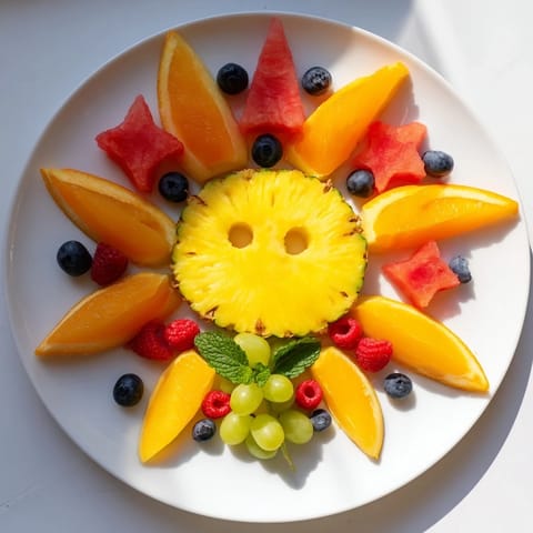 A close-up view of the Summer Rays Sun-Shaped Fruit Tray, perfect for a refreshing, healthy snack.