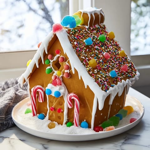 This delectable gingerbread house recipe creation features snowy white icing and a delightful holiday aesthetic.