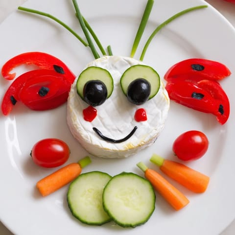 Vibrant Coccinelle Amusante Planche Pique-Nique, a playful French appetizer with red bell pepper ladybug wings.