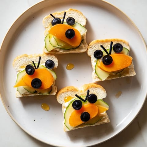 Colorful bee sandwiches with olive stripes nestled between fresh strawberries and grapes, great picnic food.