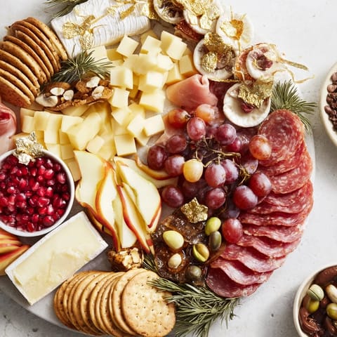 Festive Twelve Days of Christmas snack board overflowing with colorful cheeses, meats, and holiday treats.