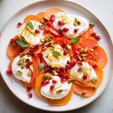 Freshly assembled Winter Fruit Snowscape showcases persimmons, pears, elegant mascarpone, and pomegranate jewels.