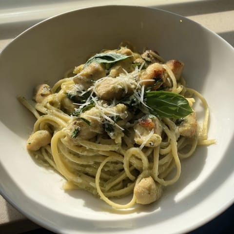 Creamy pesto coats the tender chicken and perfectly cooked Pesto Egg and Chicken Pasta.