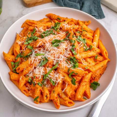 Close-up of the finished Basil Garlic One-Pot Creamy Tomato Pasta, bubbling with a creamy, rich sauce.