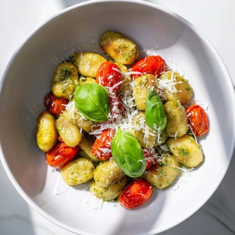 Fresh basil pesto coats golden-brown, crispy gnocchi, a vegetarian delight with bright red cherry tomatoes.