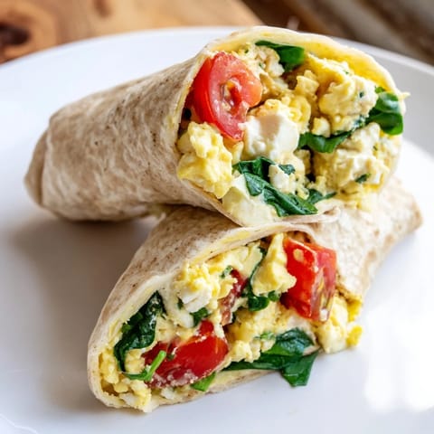 Golden-yellow feta egg wrap with visible spinach and tomato, perfect for a quick breakfast.