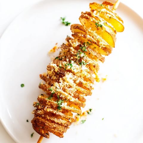 Spiral-cut Tornado Potatoes, glistening with seasonings, cooked to crunchy perfection on a baking sheet.
