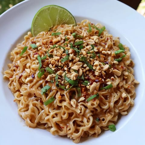 Creamy and spicy Instant Peanut Thai Sauce Noodles, perfect for a quick and flavorful vegetarian dinner.