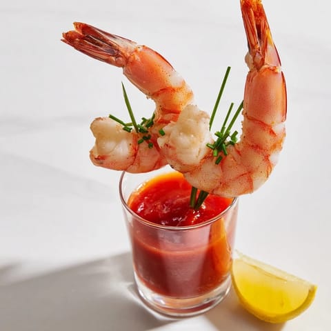 Homemade cocktail sauce coats plump prawns in this delicious Retro Prawn Cocktail Shooters recipe, perfect for any gathering.