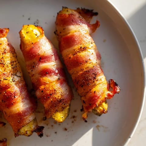 A close-up of baked bacon-wrapped pickles, showcasing the crispy bacon and dill pickle filling.