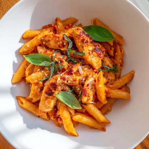 A close-up view of the Spicy Tomato Chicken Pasta, ready for a delicious Italian-American dinner.