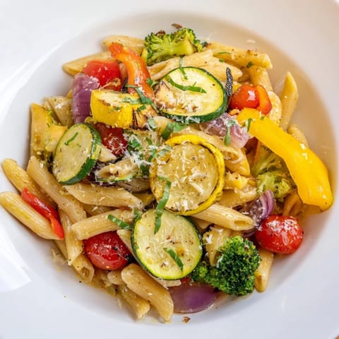 A visually appealing Pasta Primavera, glistening with olive oil and topped with fresh herbs and Parmesan.