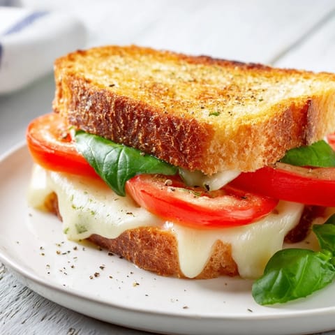 Perfectly toasted Tomato Basil Grilled Cheese, a delicious vegetarian sandwich with basil aroma and flavor.