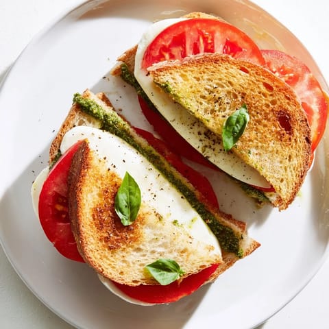Crispy sourdough filled with Caprese Pesto Grilled Cheese, perfect for a quick, comforting lunch.