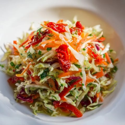 Crisp red and green cabbage salad with sun-dried tomatoes, carrots, and bell peppers, ready to serve alongside grilled chicken or fish.  