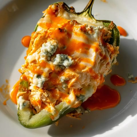 A close-up of baked Buffalo Wing Poppers drizzled with extra buffalo sauce and topped with chives.