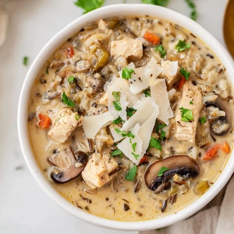 Cozy and hearty, this Parmesan Mushroom Chicken and Wild Rice Soup features tender chicken and earthy mushrooms in a rich, savory broth.