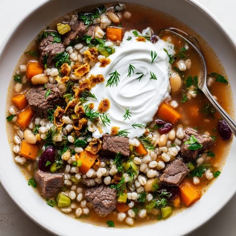 Hearty Beef Barley Soup simmering with barley, lentils, beans, and fresh herbs for a comforting meal.  