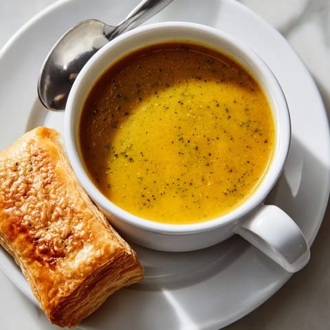 Golden, flaky pastries stuffed with melted brie and cheddar accompany a velvety bowl of broccoli and butternut squash soup.