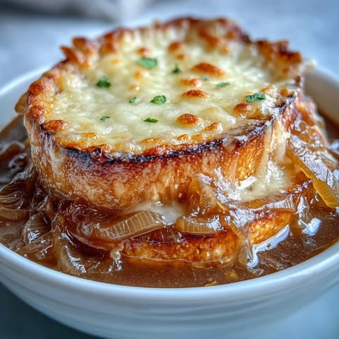 Comforting Classic French Onion Soup, showcasing rich caramelized onions and melted cheese.