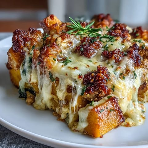 In a rustic white baking dish, the Cozy Butternut Squash & Sausage Casserole glistens with herbs and melted cheese, ready for a cozy family dinner.  