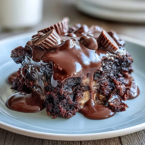 Slices of Rich Peanut Butter Cup Dump Cake served with vanilla ice cream for a perfect dessert treat.  