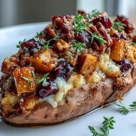 Golden Cranberry Apple Twice Baked Sweet Potatoes stuffed with caramelized apples, cranberries, and crunchy pecans.