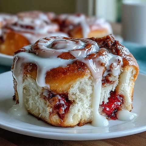 Freshly baked Strawberry Cinnamon Rolls with a creamy pink glaze, perfectly fluffy and aromatic.  