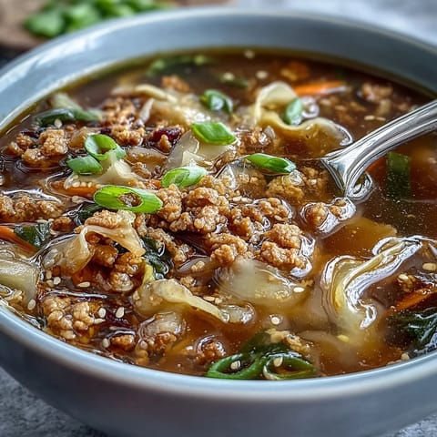Close-up view of Cozy One-Pot Egg Roll Soup, featuring savory pork, shredded cabbage, carrots, and silky egg ribbons in a rich broth.