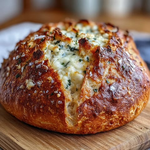 Golden crust of Perfect Parmesan Garlic Artisan Bread, with a tender, cheesy, interior on a wooden board.  
