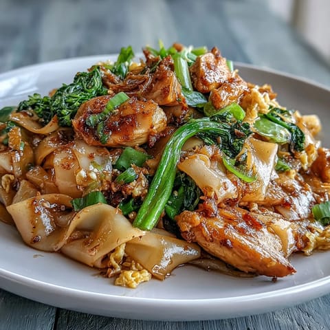 Golden-brown Authentic Thai Pad See Ew with tender chicken and Chinese broccoli served on a white plate.