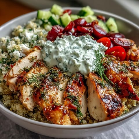 Hearty Greek Chicken Power Bowl, deliciously grilled, piled high with quinoa and cucumber.