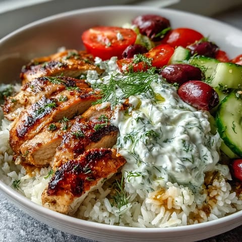 Vibrant bowl of seasoned Greek chicken, fluffy rice, and crisp Mediterranean toppings.