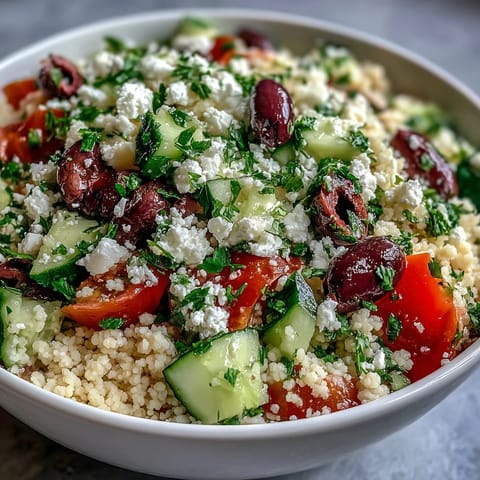 A colorful bowl of Mediterranean Pearl Couscous topped with crumbled feta cheese, chopped parsley, and juicy halved cherry tomatoes served on a plate.