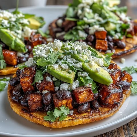 Sliced avocado and crumbled feta top these vegetarian, gluten-free Black Bean and Sweet Potato Tostadas.