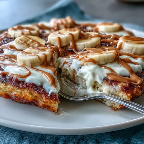 Fresh banana slices and a rich peanut butter drizzle garnish this High-Protein Breakfast Pizza Bowl with creamy yogurt frosting.