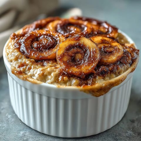 Freshly baked Cinnamon Swirl Protein Banana Baked Oats topped with banana slices and yogurt.