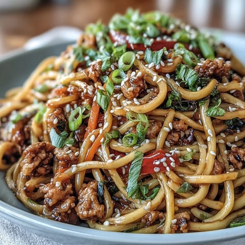 Ground turkey and chewy noodles coated in glossy sweet-spicy Korean sauce, garnished with sesame seeds.