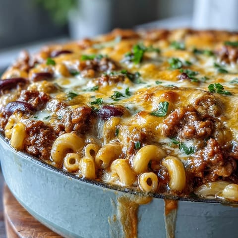 This comforting Baked Ranch Turkey Chili Mac casserole features creamy cheddar, ground turkey, and beans, fresh from the oven.