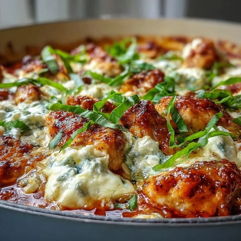 A rustic bowl holds one-pan creamy chicken lasagna orzo topped with ricotta and a side salad.